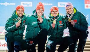 Karl Geiger, Richard Freitag, Stephan Leyhe und Markus Eisenbichler (v.l.) springen in Seefeld die WM ihres Lebens! Team-Gold, Eisenbichler und Geiger holen im Einzel auch noch den Doppelsieg.