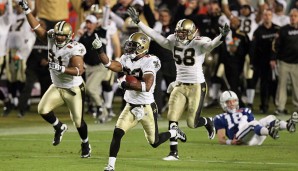 10 Punkte: Super Bowl 44 - New Orleans Saints vs. Indianapolis Colts 31:17. Auch die Colts führten gegen New Orleans nach einem Viertel mit 10:0, die Saints aber waren aggressiver. Ein Onside Kick zum Start der zweiten Hälfte, ein Pick Six - der Titel!