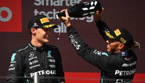 George Russell (l.) und Lewis Hamilton (r.) wurden in Frankreich Zweiter und Dritter.