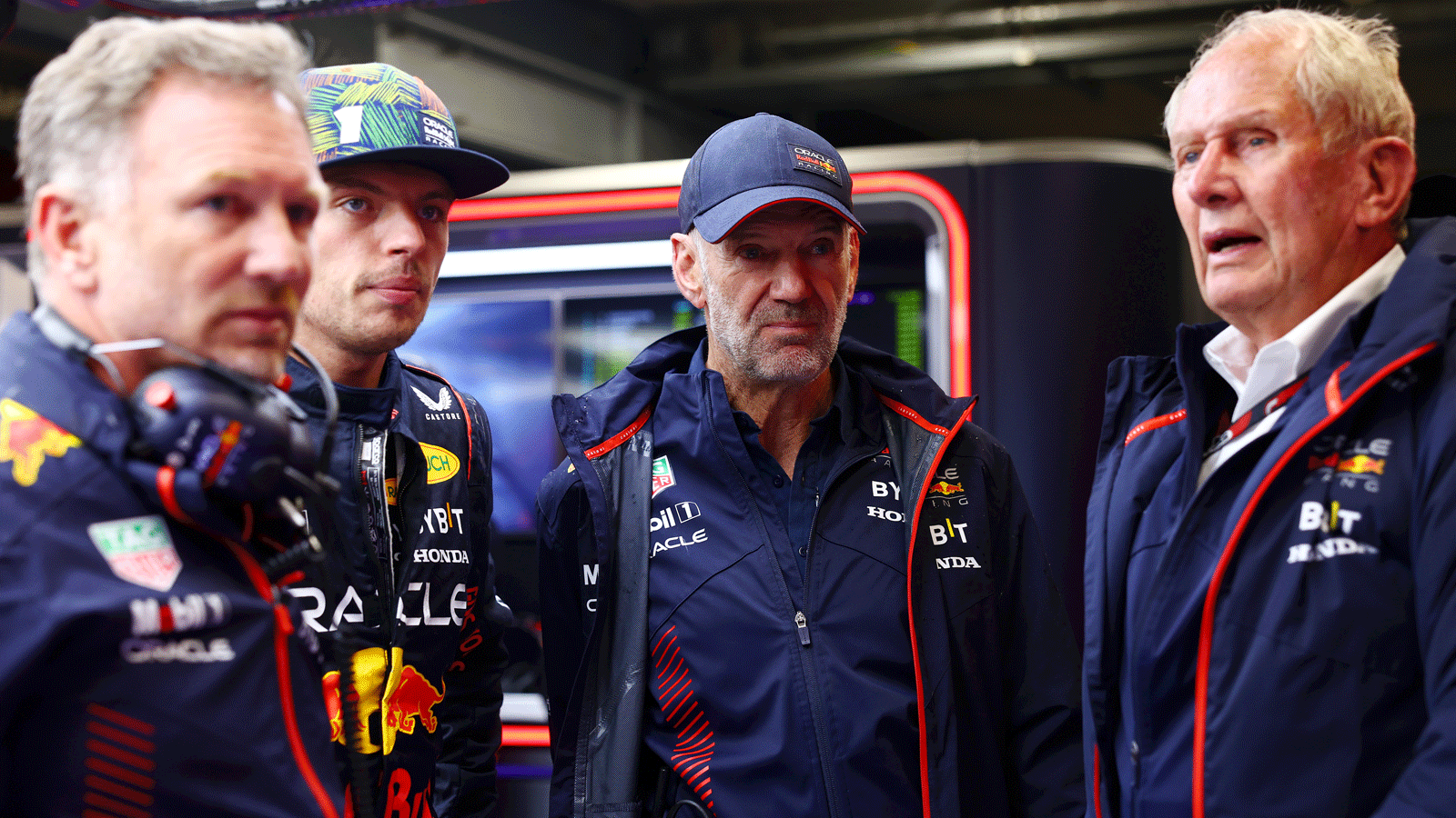 Christian Horner, Helmut Marko, Adrien Newey, Max Verstappen