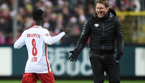 Naby Keita und Ralph Hasenhüttl feiern Leipzigs Sieg in Freiburg