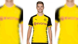 So, Julian Weigl zeigt das Jersey nochmal von vorn. Da sind die Geschwindigkeitsstreifen nur zu erahnen