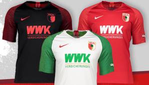 FC AUGSBURG - Heim- (Mi.), Auswärts- (re.) und Ausweichtrikot (li.)