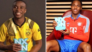 Youssoufa Moukoko (l.) von Borussia Dortmund und Mathys Tel vom FC Bayern München mit ihren NXGN Awards.