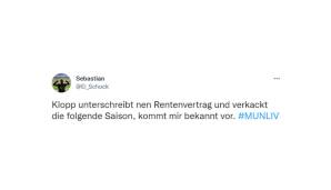 Zur Erklärung: Klopp vereinbarte im April 2015 nach einer desaströsen Hinrunde ein vorzeitiges Ende der Zusammenarbeit mit dem BVB, obwohl er im Oktober 2013 bis 2018 verlängert hatte.