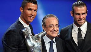 Florentino Perez mit seinem Stars Cristiano Ronaldo und Gareth Bale