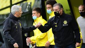 Lucien Favre und Michael Zorc stehen auf der Pressekonferenz vor dem 34. Spieltag den Journalisten Rede und Antwort.