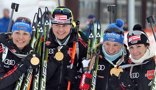 Magdalena Neuner, Tina Bachmann, Miriam Gössner und Andrea Henkel holten 2011 WM-Staffelgold