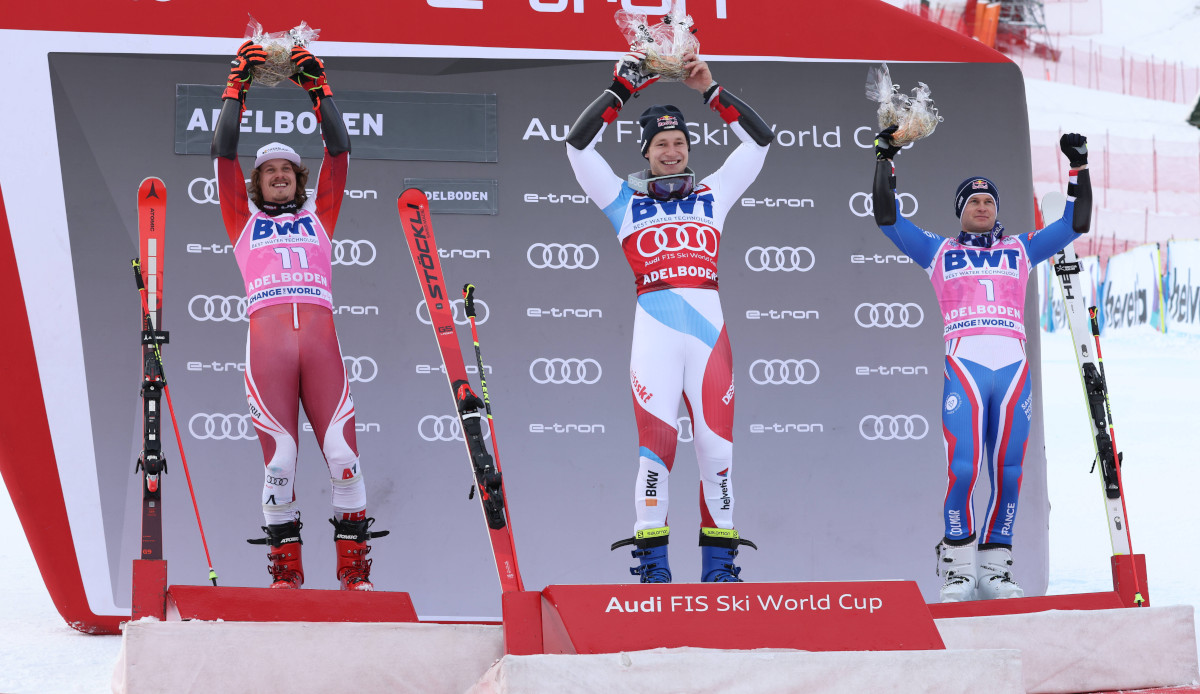 So sehen Sieger aus: Manuel Feller, Marco Odermatt und Alexis Pinturault (v.l.n.r.) fuhren im gestrigen Riesenslalom auf das Podest.