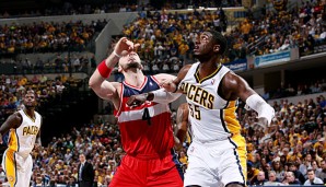 Marcin Gortat (l.) und Roy Hibbert lieferten sich unter den Körben ein interessantes Duell