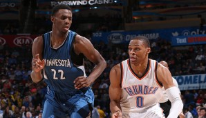 Andrew Wiggins (l.) zeigte als Bewacher von Russell Westbrook (r.) eine gute Leistung