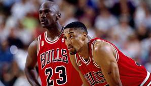 Platz 1: SCOTTIE PIPPEN - zehn Jahre MJs Teamkollege (1987 - 1993 und 1994 - 1998) - Stats: 18 Punkte, 6,8 Rebounds, 5,3 Assists und 2,1 Steals bei 48,3 Prozent FG (833 Spiele).