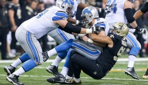 Kasim Edebali (r.) reißt Matt Stafford zu Boden: Gleich zwei Sacks verbuchte der Deutsche