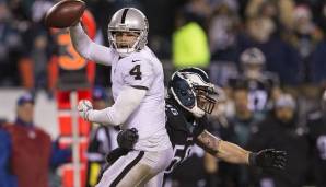 25. Derek Carr, Oakland Raiders. Große Probleme 2017. Alles außerhalb des Kurzpassspiels war bestenfalls unterdurchschnittlich, Defenses reagierten dementsprechend. Viele Fehler, wenige Big Plays - hilft Grudens Scheme?