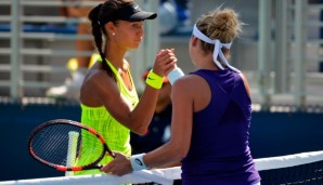 NEW YORK, NY - AUGUST 30: Vitalia Diatchenko of Russia shakes hands with Timea Bacsinszky of Switzerland after their first round Women's Singles match on Day Two of the 2016 US Open at the USTA Billie Jean King National Tennis Center on August 30, 2...