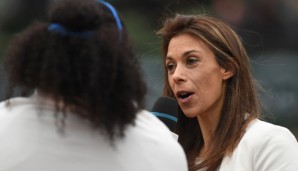 PARIS, FRANCE - JUNE 02: Marion Bartoli interviews Serena Williams of the United States following her victory during the Ladies Singles quarter final match against Yulia Putintseva of Kazakhstan on day twelve of the 2016 French Open at Roland Garros...