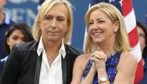 US Open 2014, USTA Billie Jean King National Tennis Center, Flushing Meadows, New York,ITF Grand Slam Tennis Tournament, Damen Finale, Siegerehrung,Praesentation,L-R.Tennis Legenden, Martina Navratilova und Chris Evert unterhalten sich, im Gespraech,...